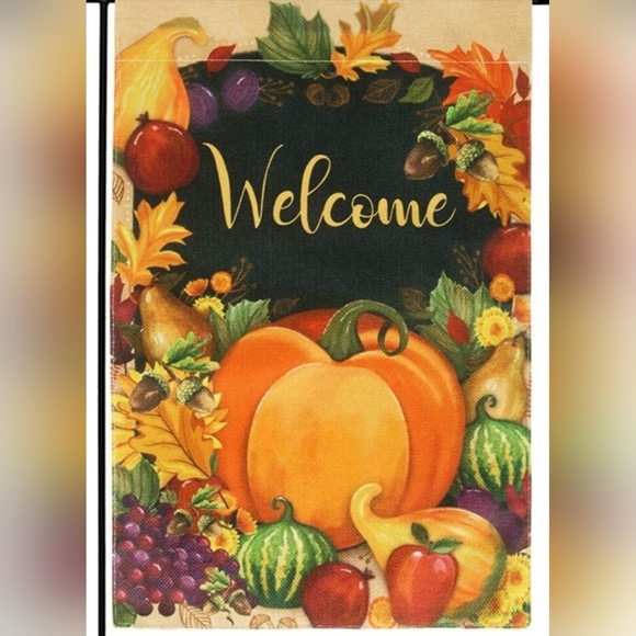 NEW Fall Welcome Garden Flag w/pumpkin and cornucopia of fruit & vegetables - Picture 1 of 10